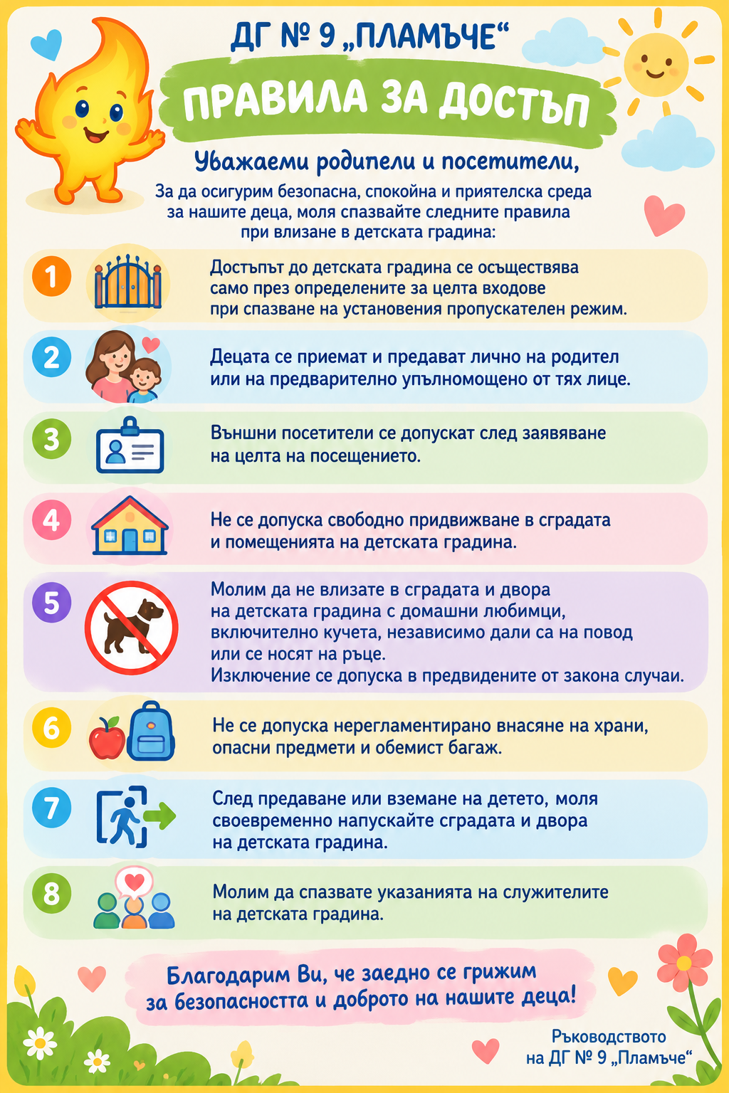 Правила за достъп - ДГ 9 Пламъче - София, Суходол
